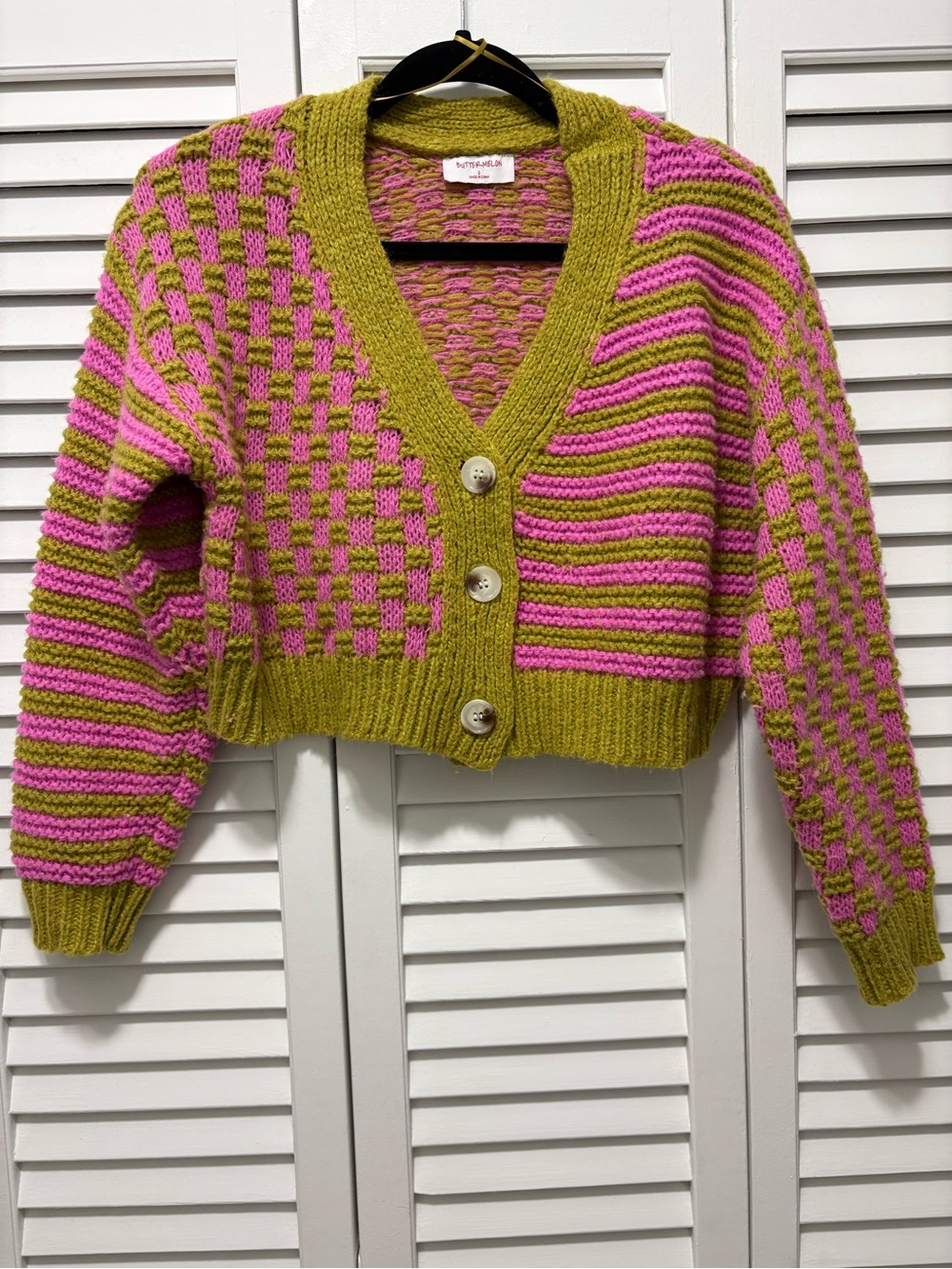 Cropped Olive and Pink Checker Stripe V-Neck Cardigan